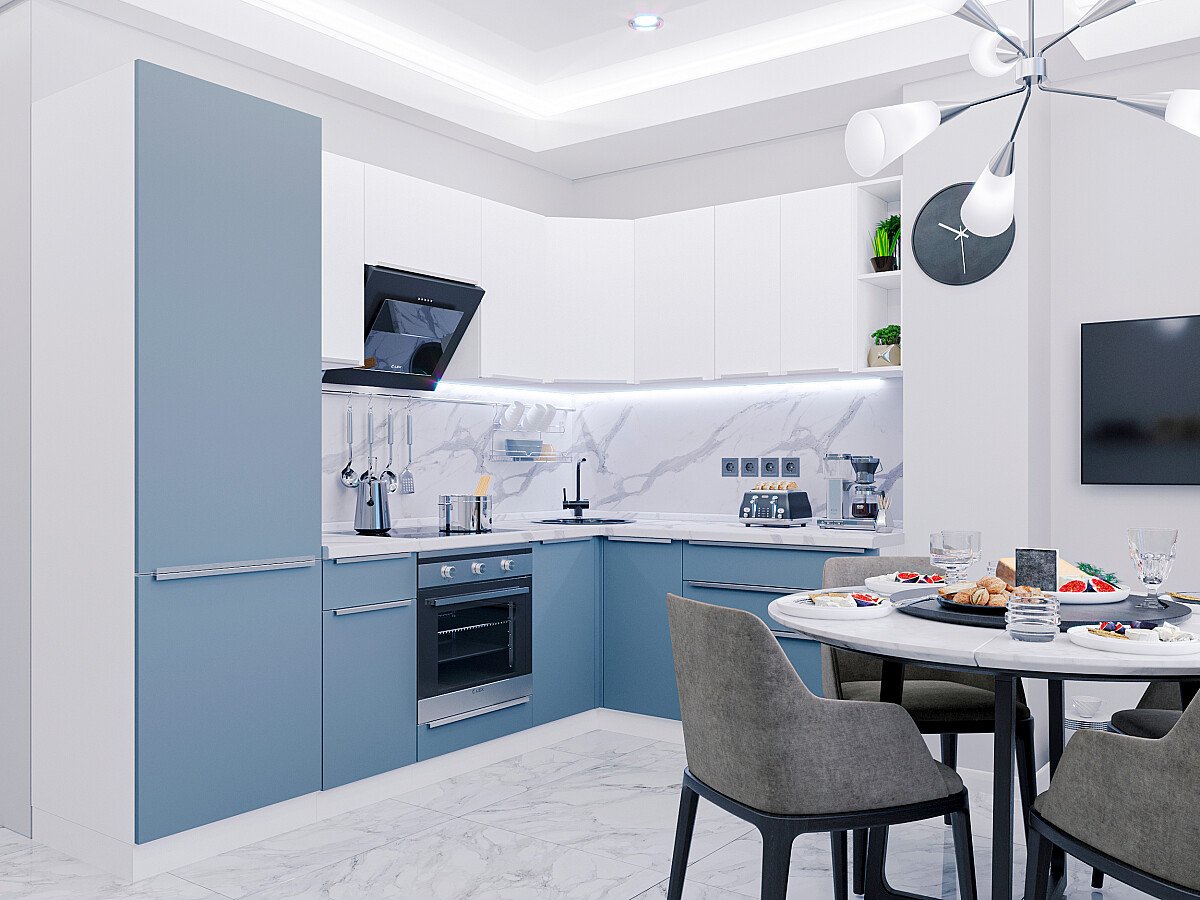 Кухня Фьюжн-04 2140*2500/1790*600 Silky Blue/Silky White