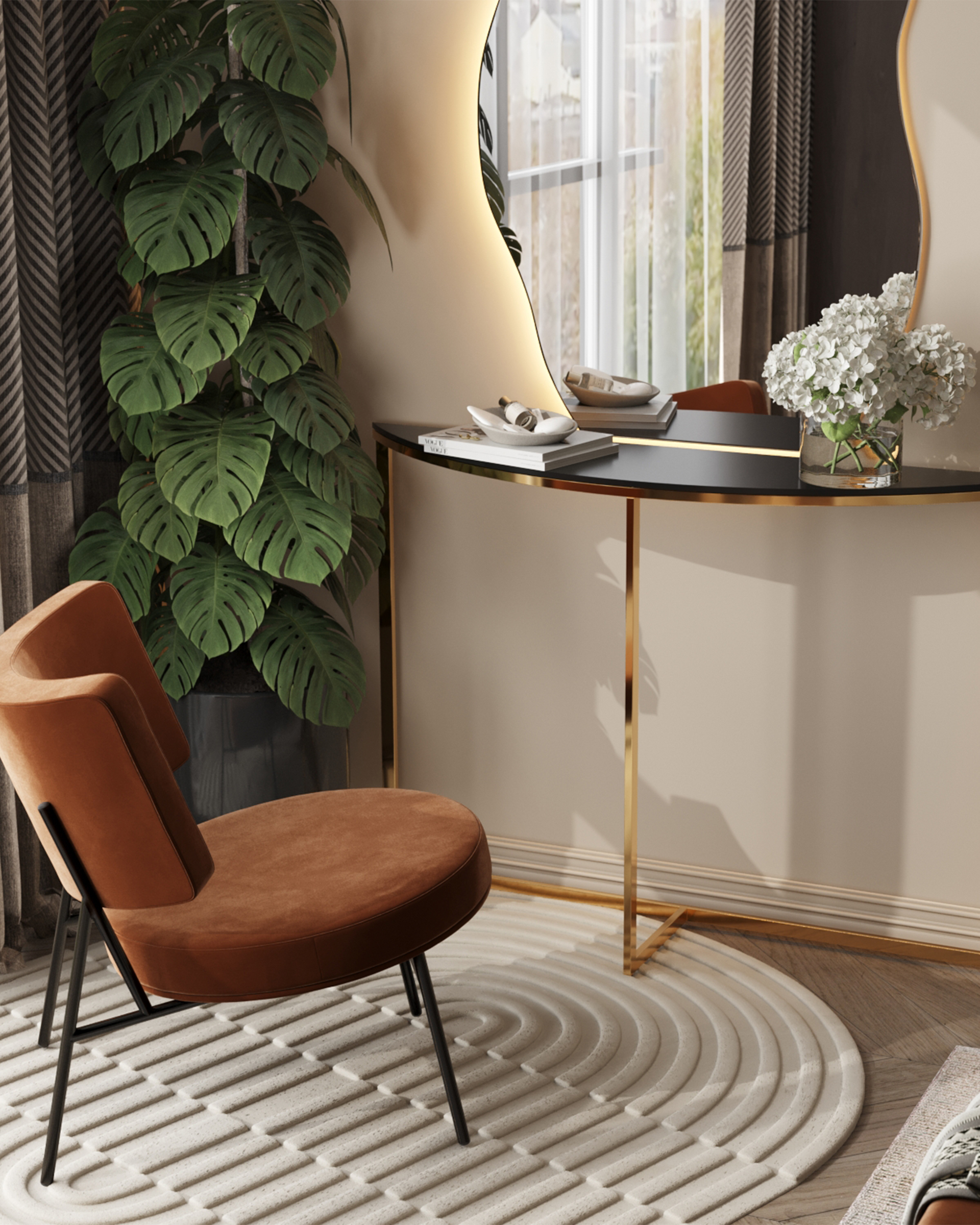 Консоль полукруглая АЛЬБА 115*30 золото стекло черное из Италии