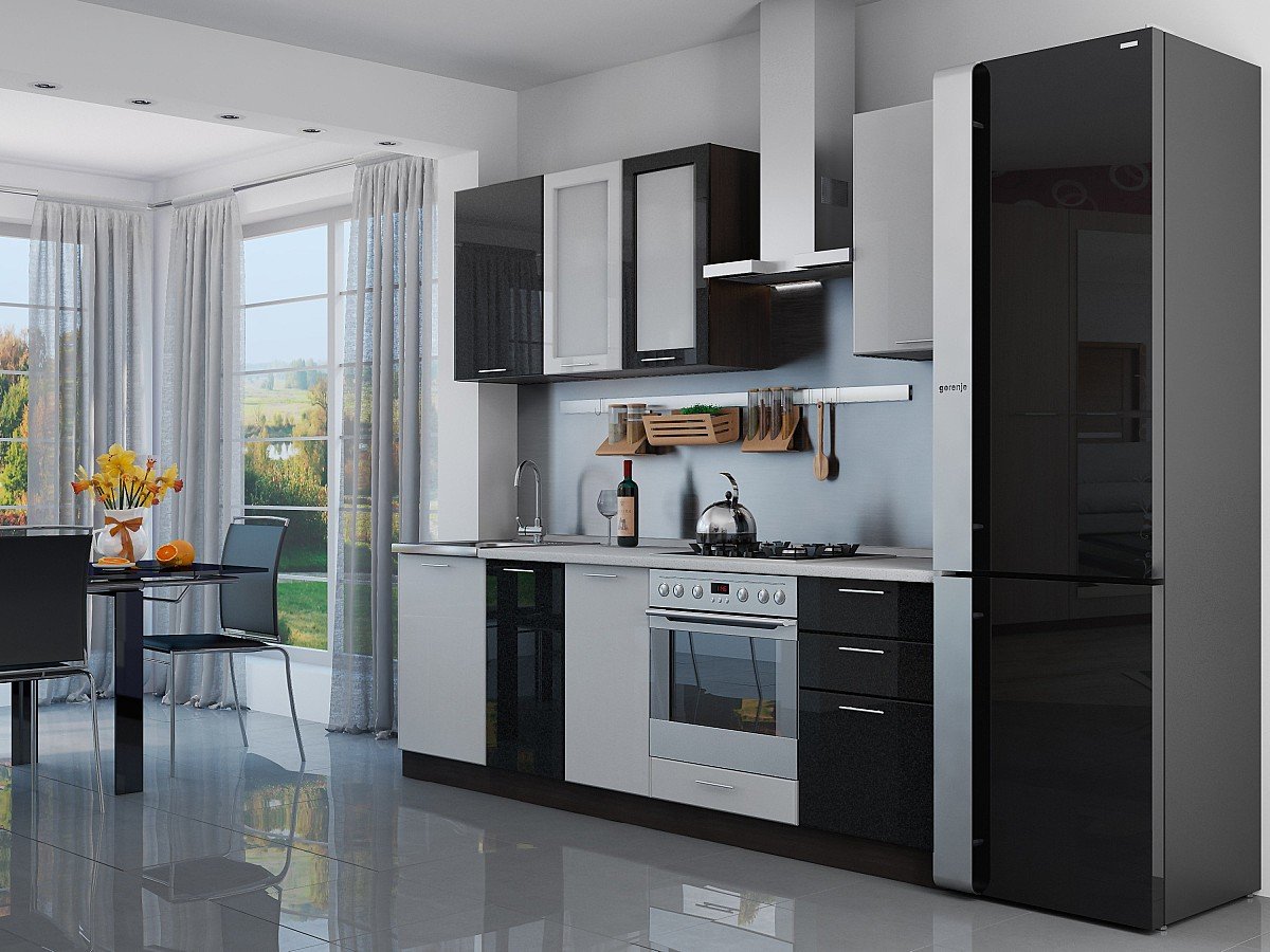 Кухня Валерия-М-03 2140*2400*600 Белый металлик/Черный металлик