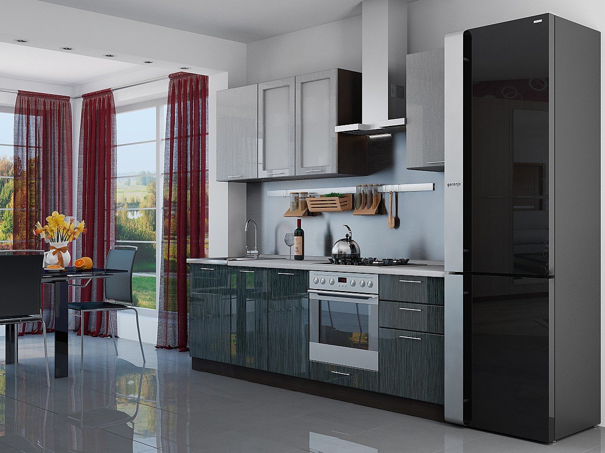 Кухня Валерия-М-03 2140*2400*600 Серый металлик дождь светлый/Черный металлик дождь