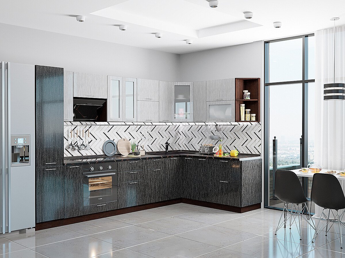 Кухня Валерия-М-05 2140*2690/1790*600 Серый металлик дождь светлый/Черный металлик дождь