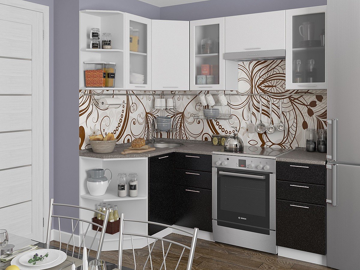 Кухня Валерия-М-04 2140*1290/2000*600 Белый металлик/Черный металлик