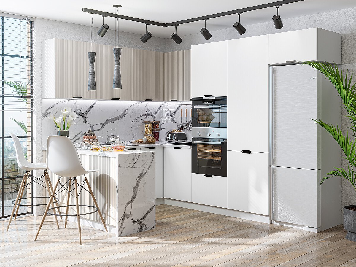 Кухня Евро Лайн-03 2140*1500/2150/2900*600 Белый/Агат