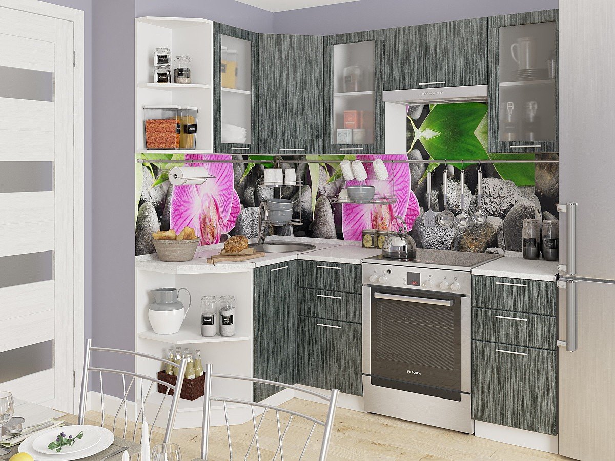 Кухня Валерия-М-04 2140*1290/2000*600 Черный металлик дождь